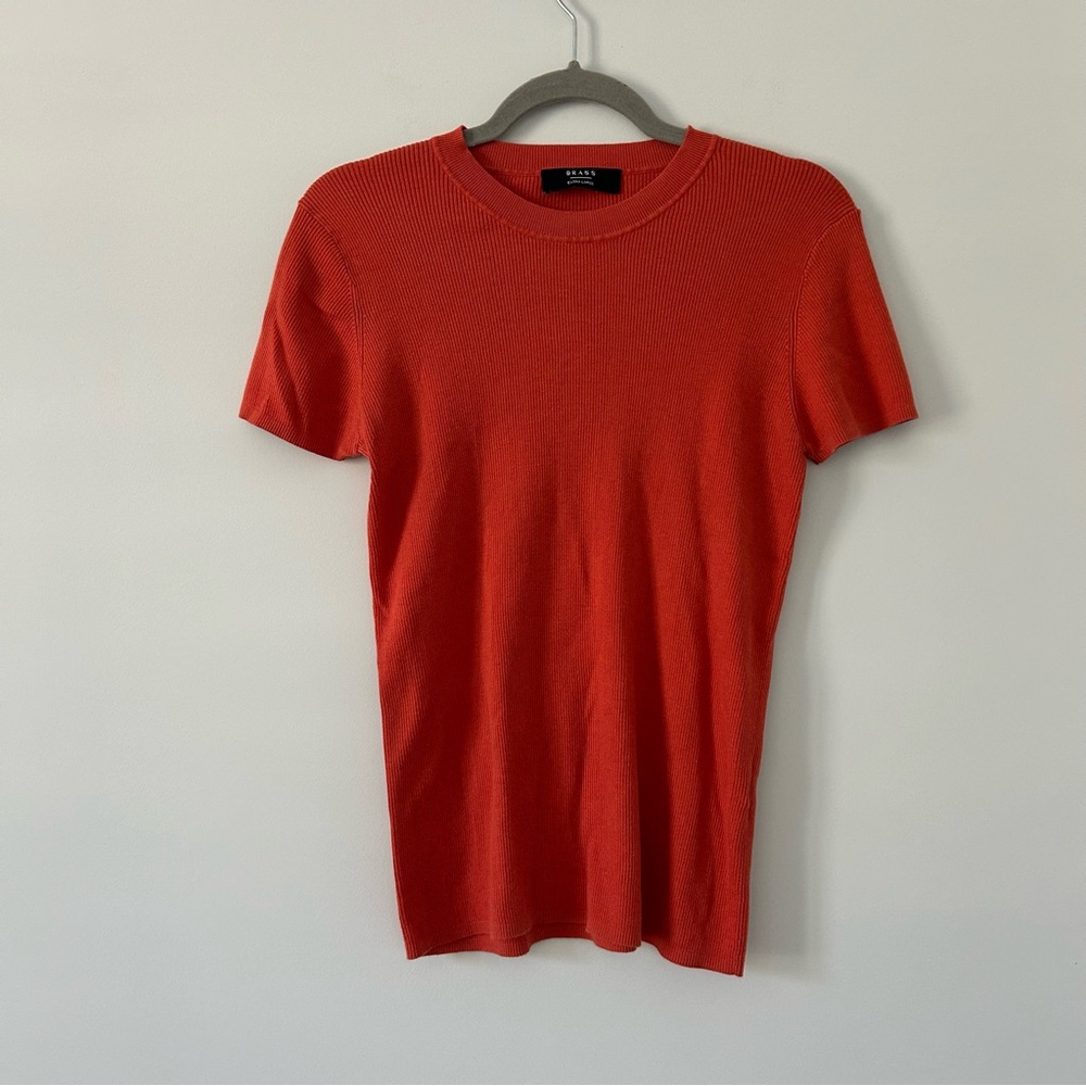 BRASS Orange Fine Rib Knit Cotton Silk Crewneck Short Sleeve Top Blouse XL